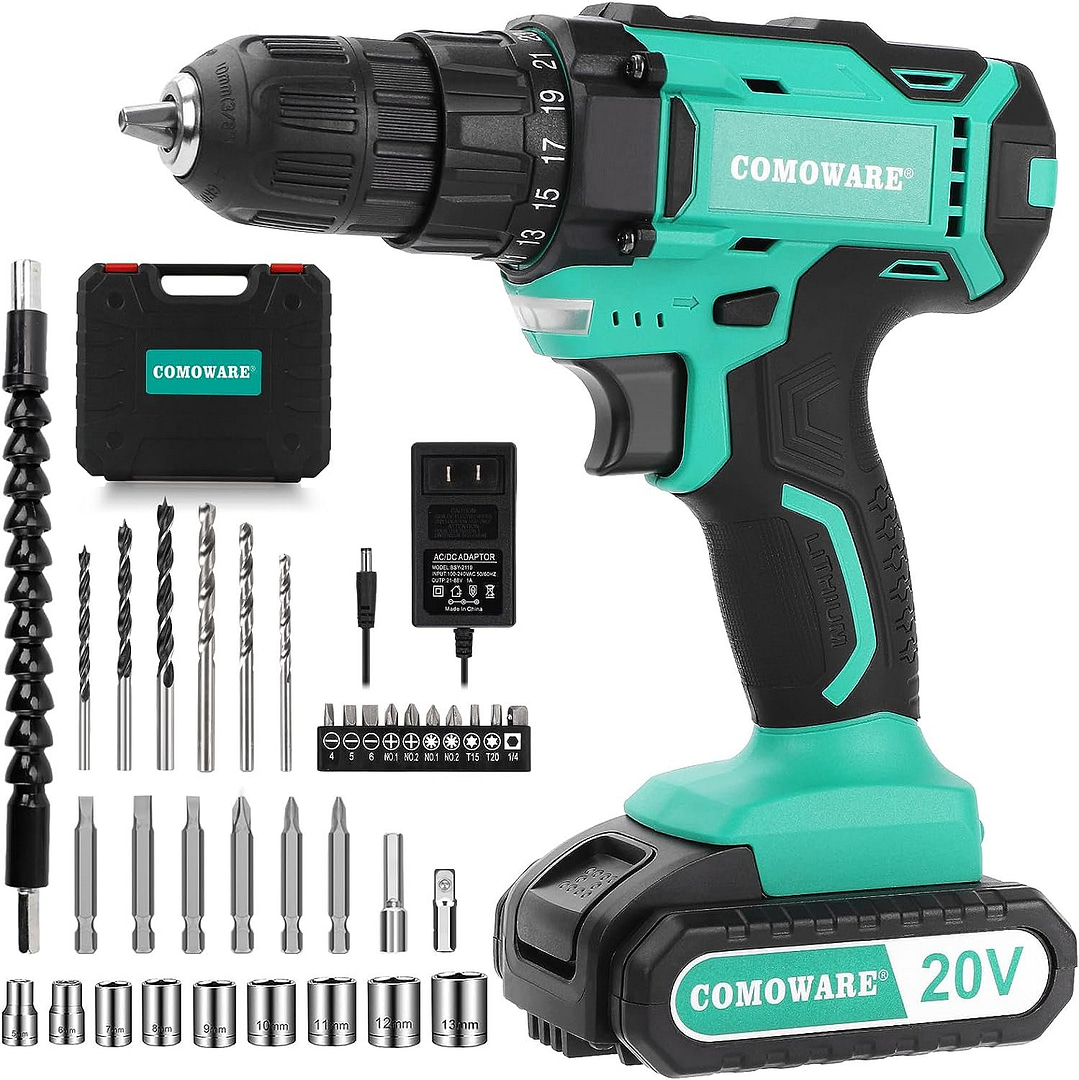 comoware 20v cordless drill electric power drill set with 1 battery charger 38 keyless chuck 2 variable speed 266 in lb