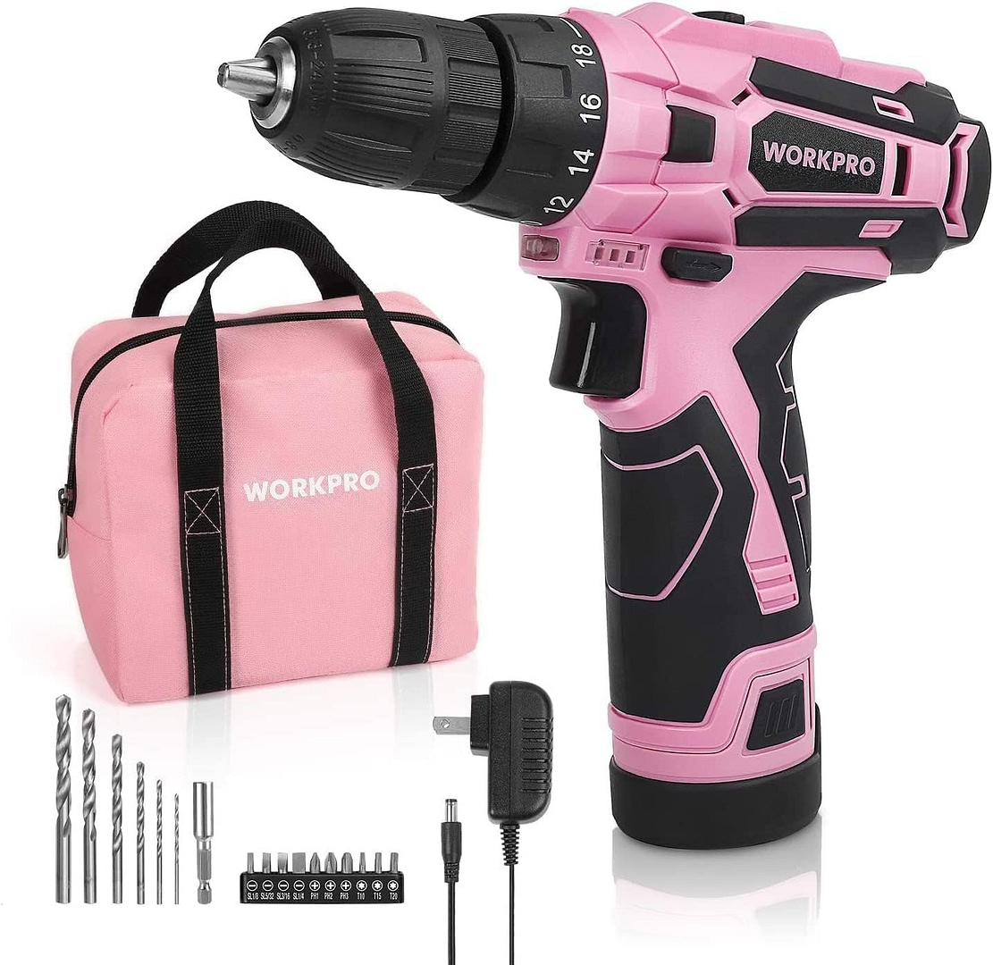 workpro pink cordless drill driver set 12v electric screwdriver driver tool kit 38 keyless chuck charger and storage bag