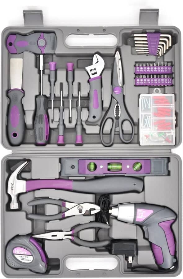 Werktough 44PCS 4V Cordless Screwdriver Tool Kit Set Pink Color Tools Lady Tools Kit Home Repair Set Toolbox Hand Tool Kit Storage Case Gift Set LADYCRAFT