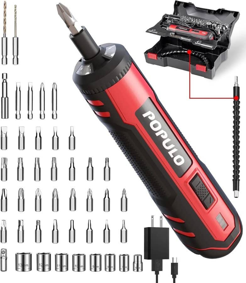 4V Cordless Electric Screwdriver Kit, USB Rechargeable Lithium ion Battery, LED Work Light, 32 pieces Screwdriver Bits, 8 Sockets, Flex Hex Shaft, Bit Holders and Storage box, Populo Power Screwdriver