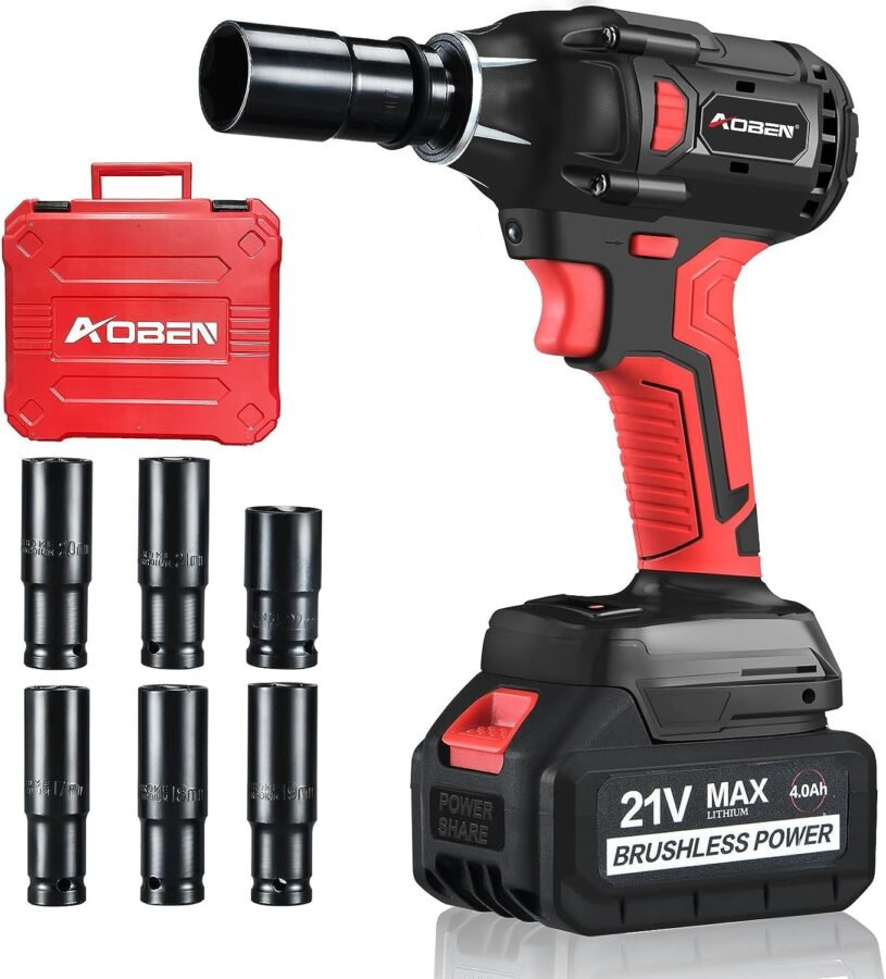 AOBEN 21V Cordless Impact Wrench Powerful Brushless Motor with 1/2 Square Driver, Max 300 Torque ft-lbs (400N.m), 4.0A Li-ion Battery, 6Pcs Driver Impact Sockets,Fast Charger and Tool Bag