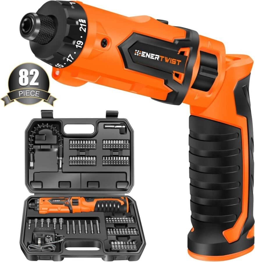 ENERTWIST Cordless Screwdriver, 8V Max 10Nm Electric Screwdriver Rechargeable Set with 82 Accessory Kit and Charger in Carrying Case, 21+1 Cluth, Dual Position Handle, LED Light, ET-CS-8