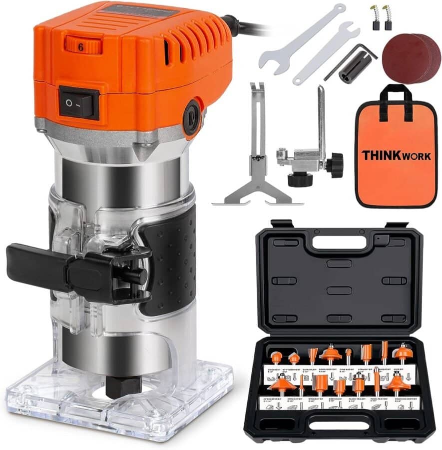THINKWORK Compact Router, 6.5-Amp 1.25 HP Compact Wood Palm Router Tool, 6 Variable Speeds Wood Trimmer with 15 Pieces 1/4 Router Bits Set, 30000R/MIN
