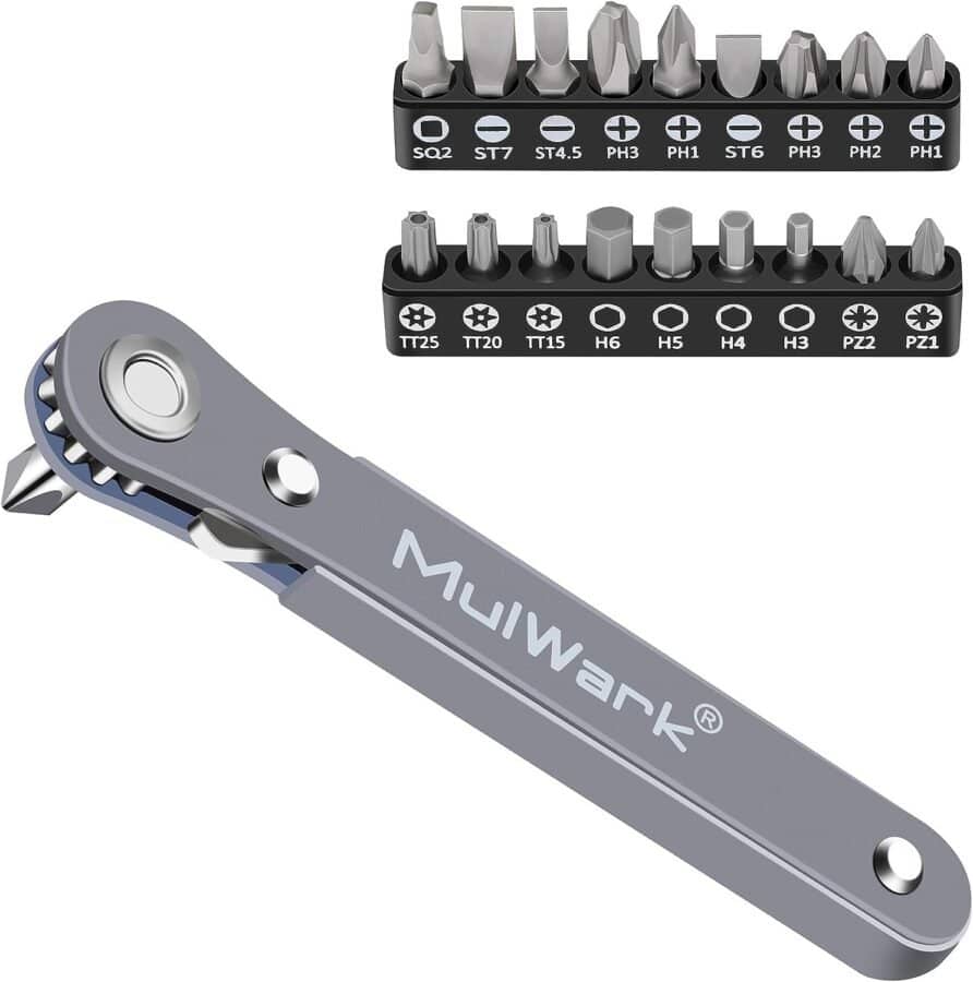 MulWark 20pc 1/4 Ultra Low Profile Mini Ratchet Wrench Close Quarters Screwdriver Set with High Torque - Right Angle EDC Tool with 90 Degree Mini Offset Reversible Drive Handle  Multi Hex Bits Set
