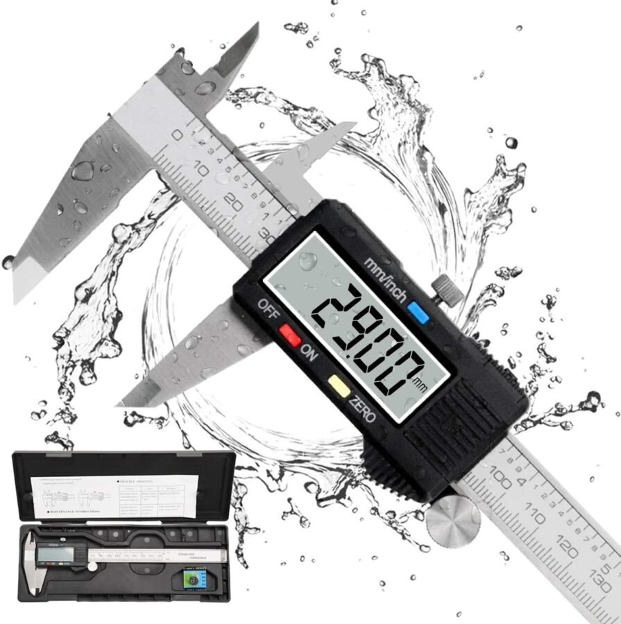 Caliper Measuring Tool, Qfun Vernier Digital Caliper Stainless Steel 6 Inch/150mm, Digital Micrometer Waterproof, Easy Switch from Inch to Millimeter, Large LCD Screen