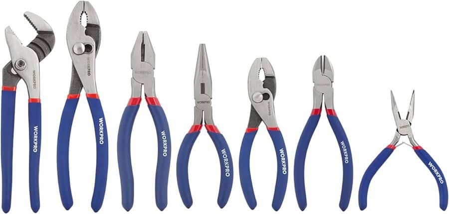 WORKPRO 7-piece Pliers Set (8-inch Groove Joint Pliers, 6-inch Long Nose, 6-inch Slip Joint, 4-1/2 Inch Long Nose, 6-inch Diagonal, 7-inch Linesman, 8-inch Slip Joint) for DIY  Home Use