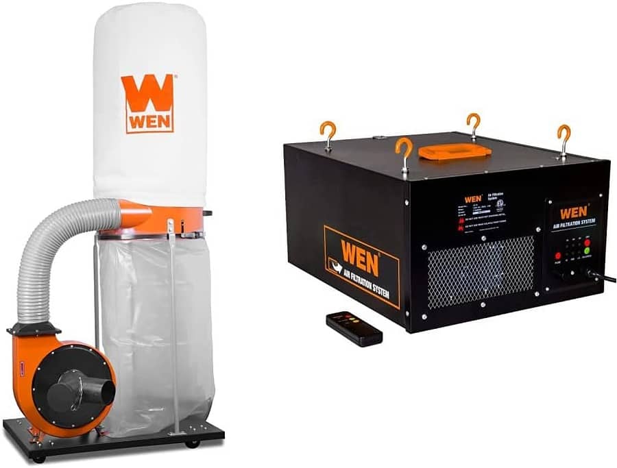 WEN DC1300 1,300 CFM 14-Amp 5-Micron Woodworking Dust Collector with 50-Gallon Collection Bag and Mobile Base, Black  3410 3-Speed Remote-Controlled Air Filtration System, Basic w/RF Remote