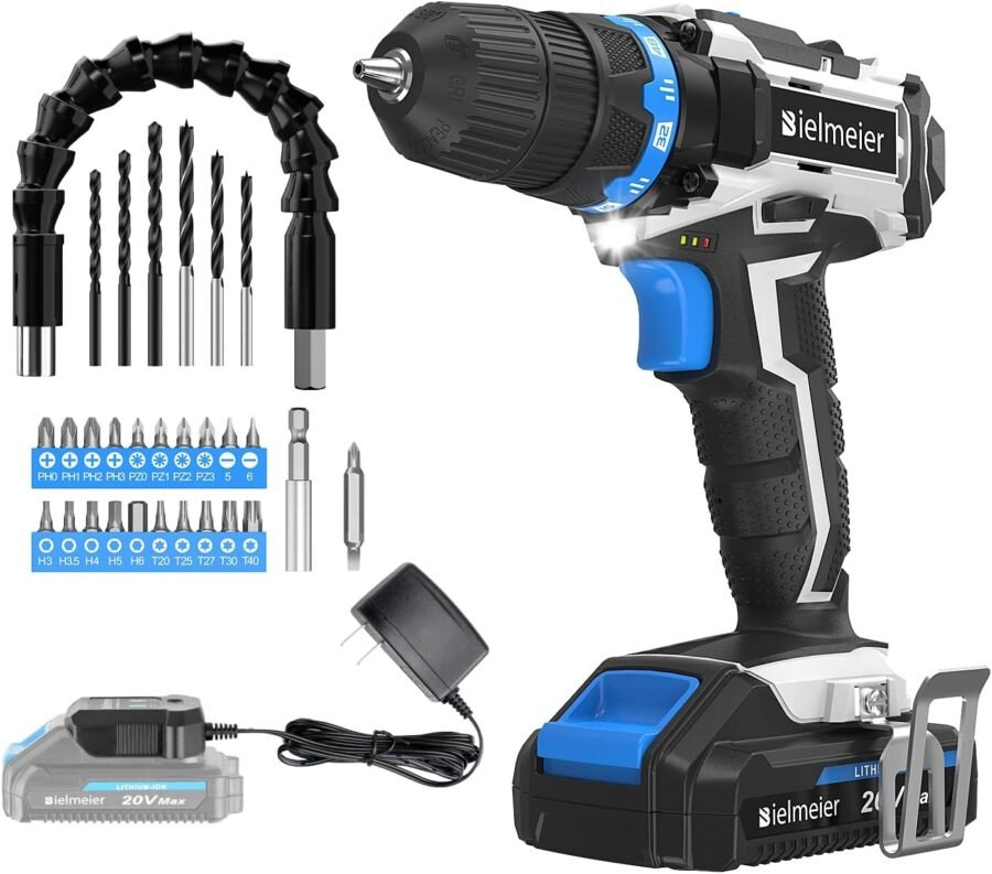 Bielmeier 20V MAX Cordless Drill Set, Power drill kit with Lithium-Ion and charger,3/8 inches Keyless Chuck, Electric Drill with Variable Speed, LED and 29pcs Drill Bits (BCDK-29)…