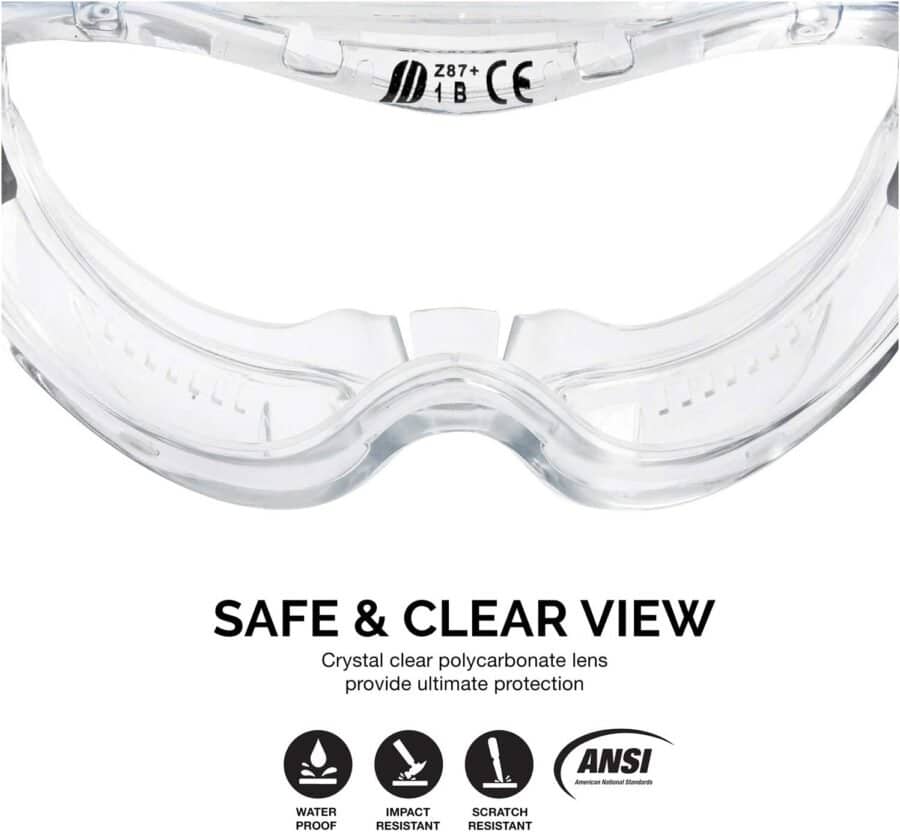 Neiko Pro 53875B Clear Protective Lab Safety Goggles, Chemistry Lab Goggles, Scientific, Construction Goggles, Contractor, Woodworking, Anti-Fog and Splash, Includes Indirect Vent for Men and Women