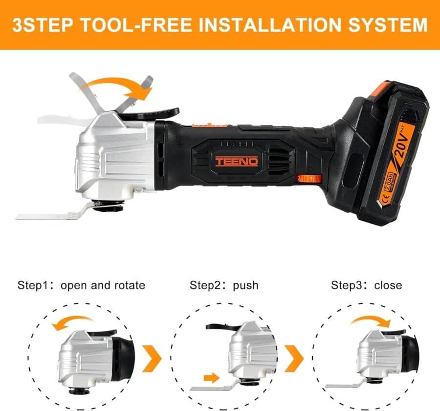Cordless Oscillating Multi-Tool TEENO,Multifunction Oscillating Multi Tool with 20V 2Ah Lithium-Ion,5000-18000 RPM,6 Variable Speed,3.2° Oscillation Angle,for Sawing, Cutting, Sanding (One Battery)