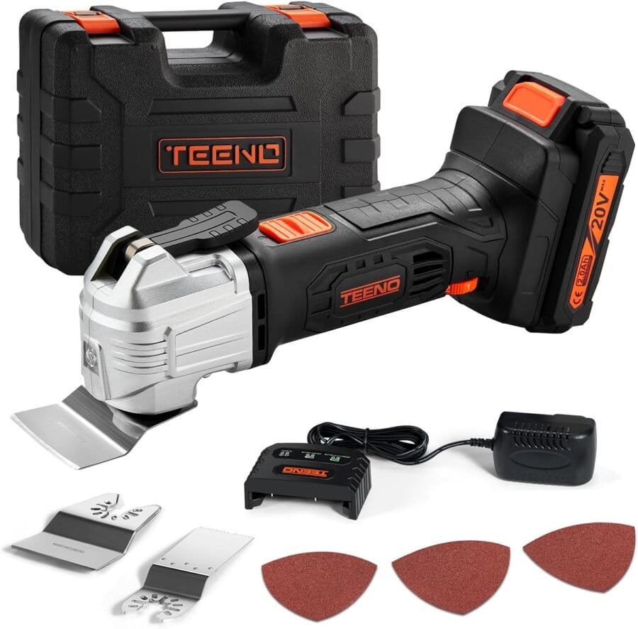 Cordless Oscillating Multi-Tool TEENO,Multifunction Oscillating Multi Tool with 20V 2Ah Lithium-Ion,5000-18000 RPM,6 Variable Speed,3.2° Oscillation Angle,for Sawing, Cutting, Sanding (One Battery)