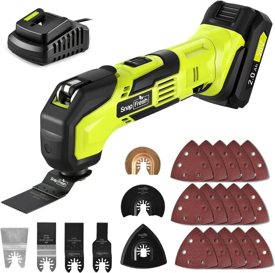 Cordless Oscillating Tool, SnapFresh 20V Oscillating Multi-Tool with 6 Speed, 3.2°Oscillating Angle, 22pcs Accessories, 2.0Ah Battery and Fast Charger, Tool Kit for Scraping, Sanding, Cutting Wood