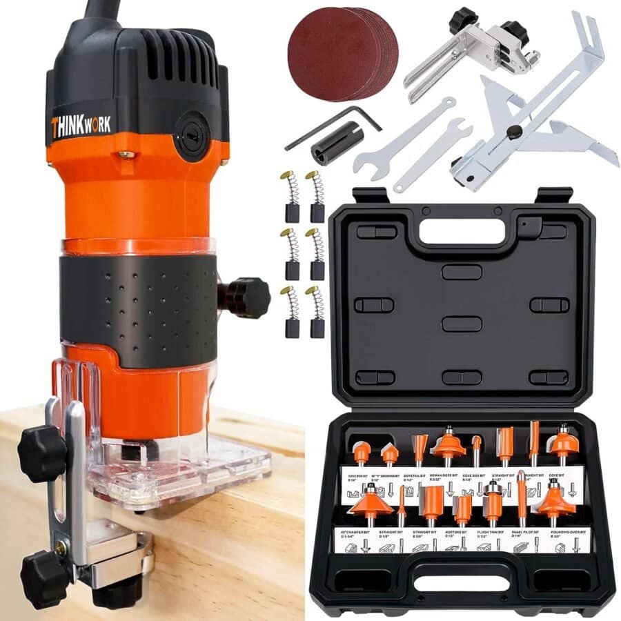 THINKWORK Compact Router, 6.5-Amp 1.25 HP Compact Wood Palm Router, Wood Trimmer with 15 pieces 1/4 Router Bits Set, 30000R/MIN