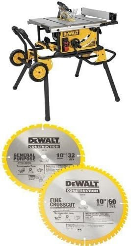 DEWALT DWE7491RS 10-Inch Jobsite Table Saw with 32-1/2-Inch Rip Capacity and Rolling Stand w/ DW3106P5 60-Tooth Crosscutting and 32-Tooth General Purpose 10-Inch Saw Blade Combo Pack