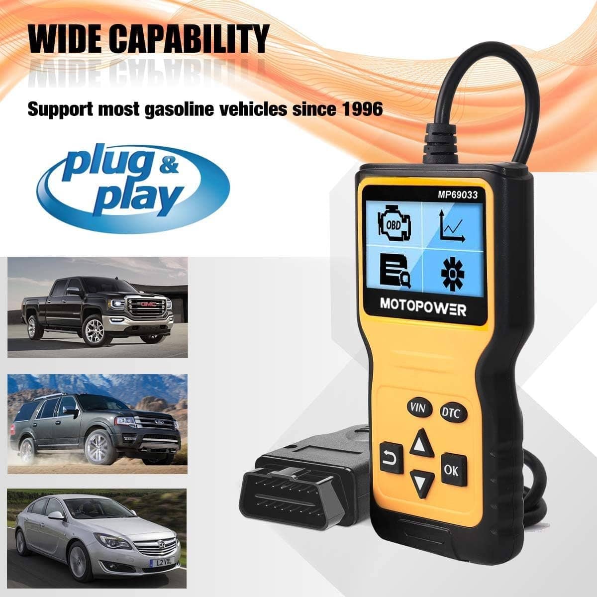 MOTOPOWER MP69033 Car OBD2 Scanner Code Reader Engine Fault Code Reader Scanner CAN Diagnostic Scan Tool for All OBD II Protocol Cars Since 1996, Yellow